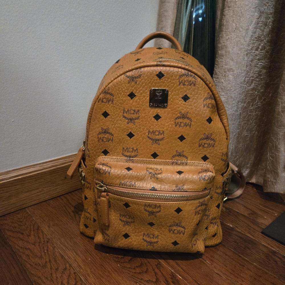 MCM Stark Visetos Small Side Studded Backpack Cognac